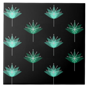 Azulejo De Cerâmica Meio século Flores Modernas Turquesa Negra