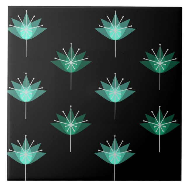 Azulejo De Cerâmica Meio século Flores Modernas Turquesa Negra (Frente)