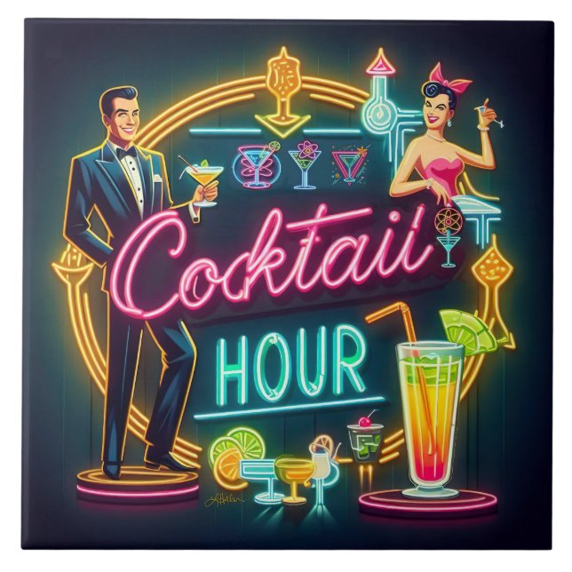 Azulejo De Cerâmica Meio século Neon Sign Cocktail Casal (Frente)