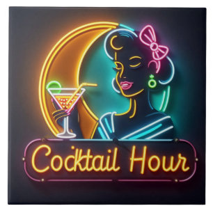 Azulejo De Cerâmica Meio século Neon Sign Cocktail Hour Mulher