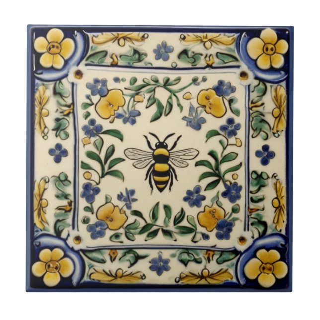 Azulejo De Cerâmica Mel Abelha Azul Tradicional Amarelo Mediterrâneo (Frente)