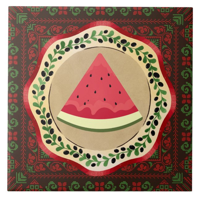 Azulejo De Cerâmica melancia sobre a placa de azeite com tatreez pales (Frente)