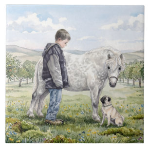 Azulejo De Cerâmica Melhores Amigos-Menino com Pônei e Cachorro em um 
