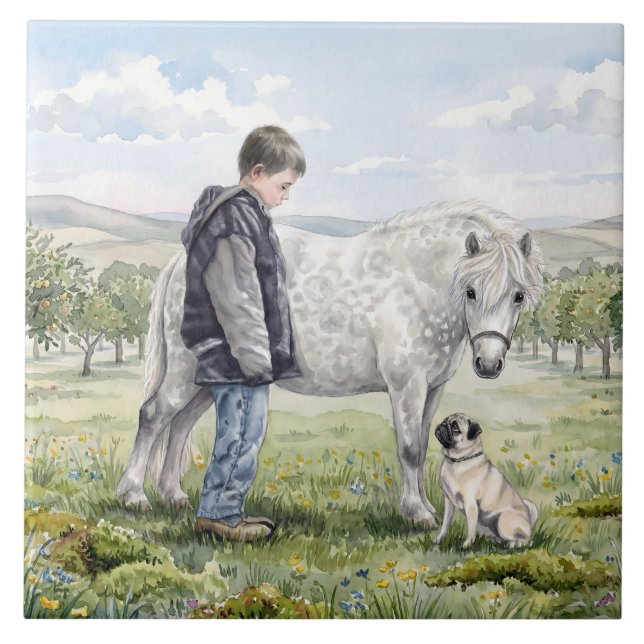 Azulejo De Cerâmica Melhores Amigos-Menino com Pônei e Cachorro em um  (Frente)