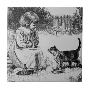 Azulejo De Cerâmica Menina Antiga e Gatinho