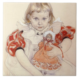 Azulejo De Cerâmica Menina bonita com boneca (Arte infantil)