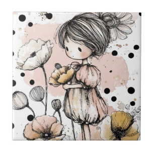 Azulejo De Cerâmica Menina Caprichosa Aquarela com Acentos Florais (5)