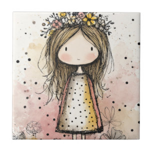 Azulejo De Cerâmica Menina Caprichosa Aquarela com Acentos Florais (6)
