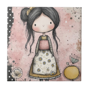 Azulejo De Cerâmica Menina Caprichosa Aquarela com Acentos Florais (8)