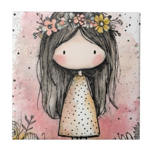Azulejo De Cerâmica Menina Caprichosa Aquarela com Acentos Florais (9)