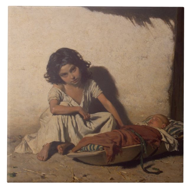 Azulejo De Cerâmica Menina com bebê (Pobre Criança da Rua) (Frente)