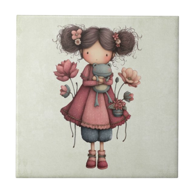 Azulejo De Cerâmica Menina com Boneca de Sapo Fofa e Caprichosa (Frente)