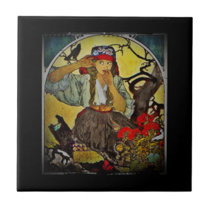 Azulejo De Cerâmica Menina com coro do professor de Moravian do corvo