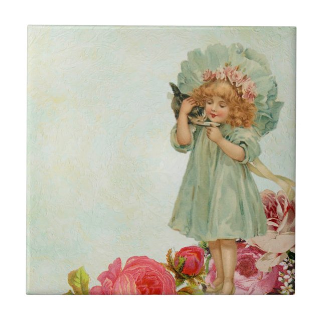 Azulejo De Cerâmica Menina com gatinho (Frente)