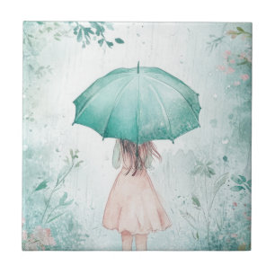 Azulejo De Cerâmica Menina com Guarda-Chuva Verde Água Jardim Chuvoso