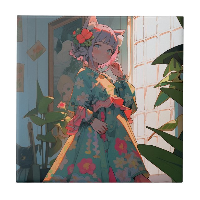 Azulejo De Cerâmica Menina de Animação Bela (Frente)