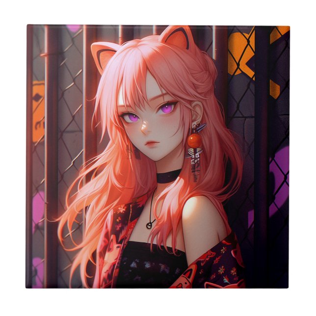 Azulejo De Cerâmica Menina de Animação Bela (Frente)