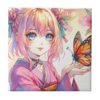Azulejo De Cerâmica Menina de animação segurando uma borboleta