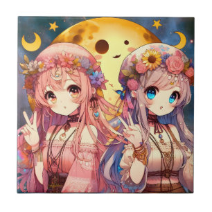 Azulejo De Cerâmica Menina de anime Hippie Moon Girls Dando Sinal de P