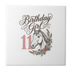 Azulejo De Cerâmica Menina de Aniversário 11 Cavalo Floral Camisa Vint