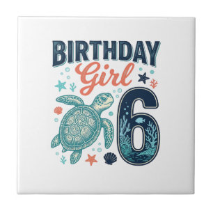 Azulejo De Cerâmica Menina de Aniversário 6 Tartaruga Marinha Desenho 