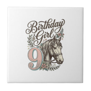 Azulejo De Cerâmica Menina de Aniversário 9 Cavalo Floral Gravura Vint