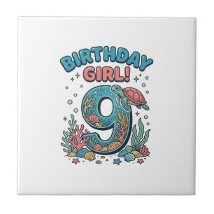 Azulejo De Cerâmica Menina de Aniversário 9 Tartaruga Marinha Vetor De