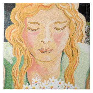 Azulejo De Cerâmica menina e margaridas