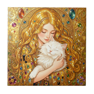 Azulejo De Cerâmica Menina Fofa Com Gato Estilo Art Nouveau Gustav Kli