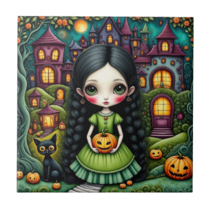 Azulejo De Cerâmica Menina Gótica Fofa Abóbora Vila Halloween
