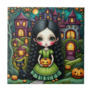 Azulejo De Cerâmica Menina Gótica Fofa Abóbora Vila Halloween