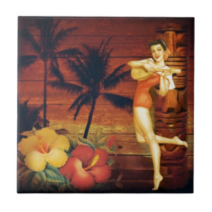 Azulejo De Cerâmica menina havaiana tropical do pólo de totem da