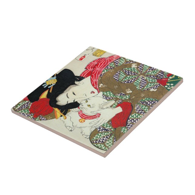 Azulejo De Cerâmica Menina japonesa com gato, Tsukioka Yoshitoshi (Lateral)