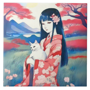 Azulejo De Cerâmica Menina Japonesa com um Gato Branco