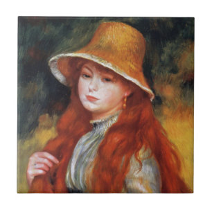 Azulejo De Cerâmica Menina Jovem com um Chapéu de Palha por Renoir