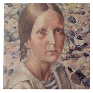 Azulejo De Cerâmica Menina numa Praia de Seixos