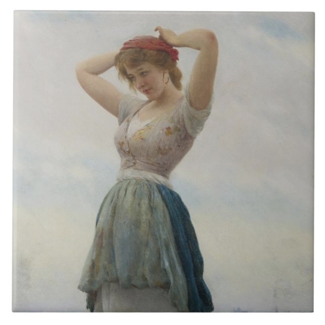 Azulejo De Cerâmica Menina Relaxando na Praia (Frente)