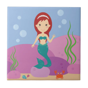 Azulejo De Cerâmica Menina Sereia na paisagem marinha submarina