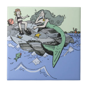 Azulejo De Cerâmica Menina Sereia Verão Amizade Praia Caprichosa