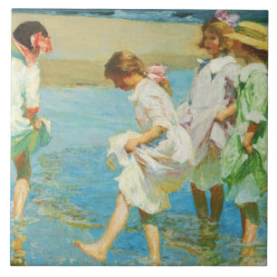 Azulejo De Cerâmica Meninas andando na água na praia