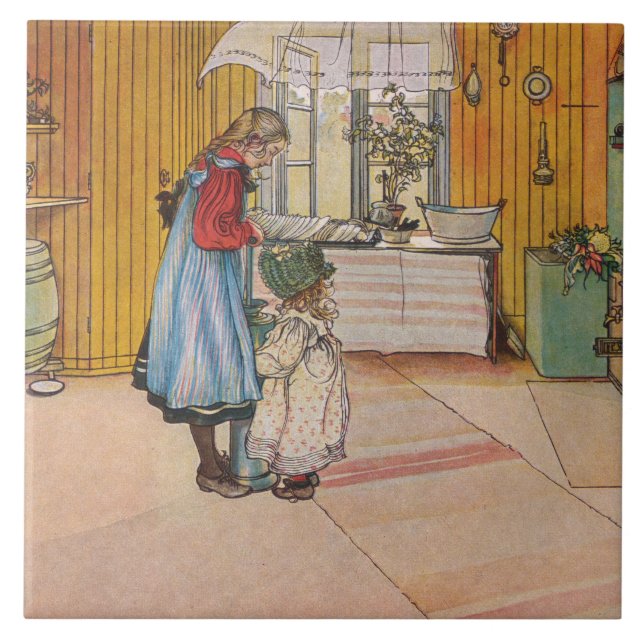 Azulejo De Cerâmica Meninas na cozinha (Arte Sueca Clássica) (Frente)