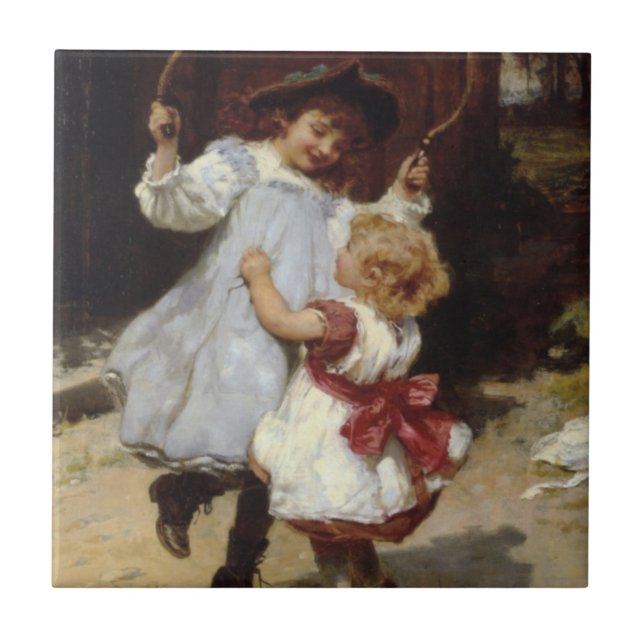 Azulejo De Cerâmica Meninas pulando com corda pulando (Frente)