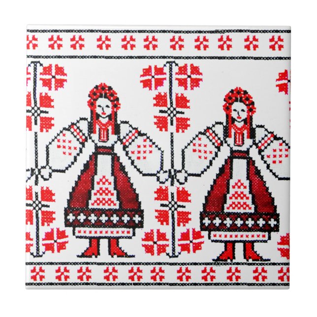 Azulejo De Cerâmica Meninas tradicionais ucranianas do bordado ucrano (Frente)