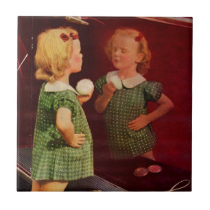 Azulejo De Cerâmica Menininha dos anos 30 olhando no espelho