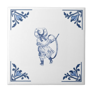Azulejo De Cerâmica Menino Antigo e Brinquedo de Arremesso Delft Azul