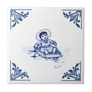 Azulejo De Cerâmica Menino Antigo em Barco a Remo Delft Azul e Branco