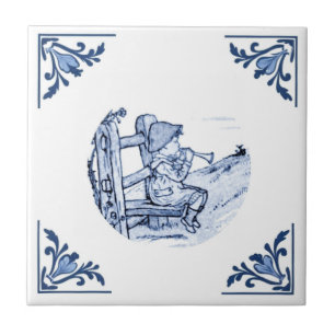 Azulejo De Cerâmica Menino Antigo Toca Música Trombeta Azul e Branco d