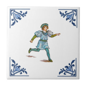 Azulejo De Cerâmica Menino Correndo Vintage Delft Azul e Branco Canto
