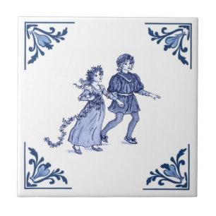 Azulejo De Cerâmica Menino e Menina Antigos Delft Azul e Branco