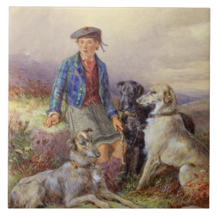 Azulejo De Cerâmica Menino escocês com wolfhounds em um landsca das